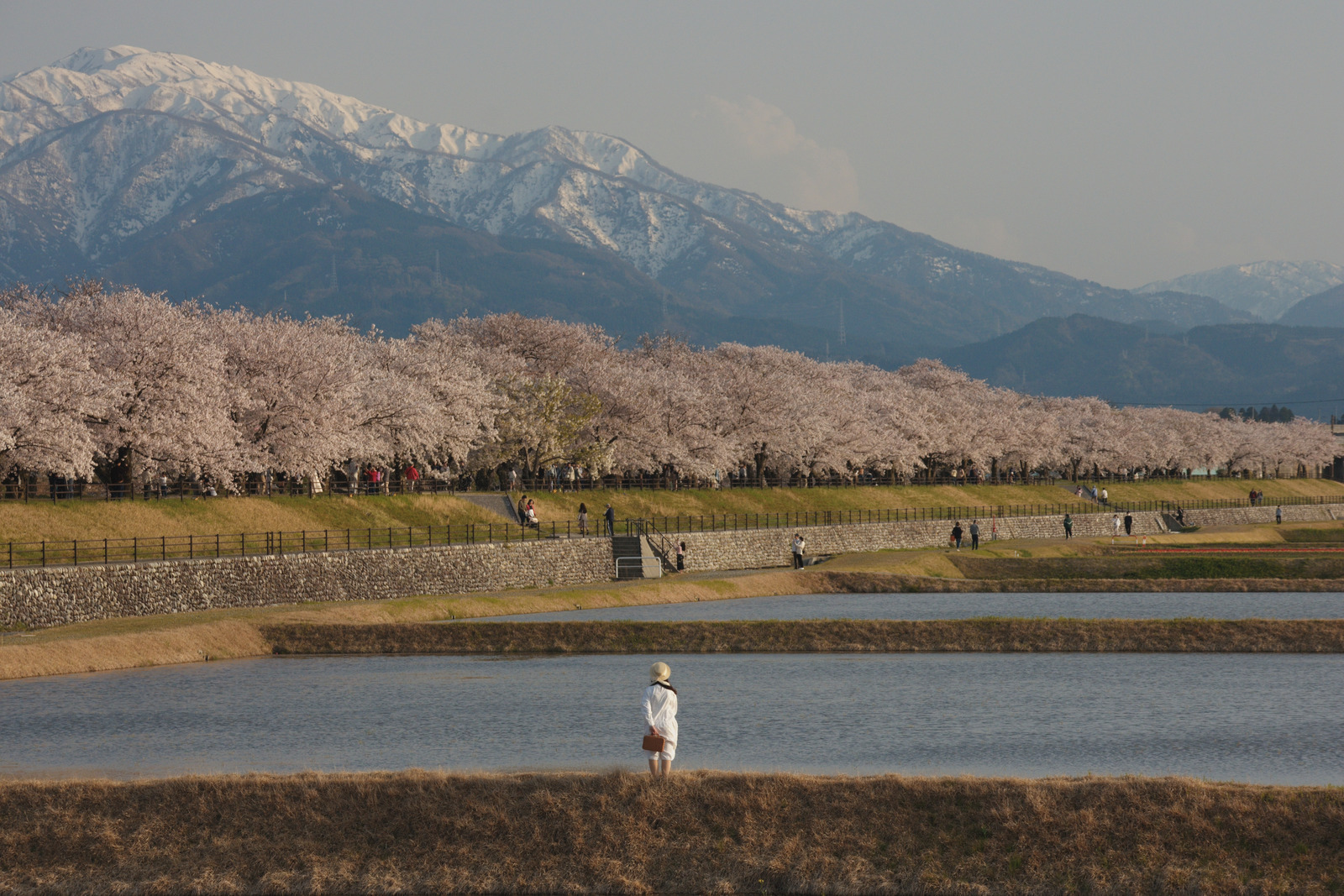 Quiet Story preset applied to the same base rendering: A person in pale clothes beside a river, with flowering trees and snowy mountains beyond.